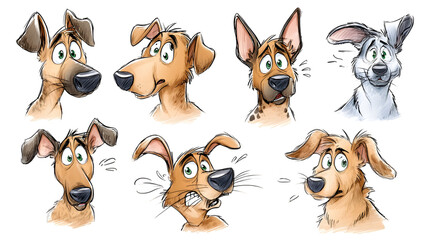 Fototapeta premium Various cartoon dog expressions in a lively animation style display different emotions and reactions
