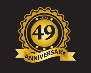 49th Anniversary Golden Badge. Best Anniversary Seal with Ribbon. Vector Illustration on Black Background