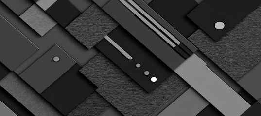 Abstract geometric pattern of overlapping, layered shapes in shades of gray and black