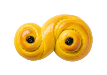 A golden-yellow, glazed pastry, intricately coiled, with dark raisin accents, sits on a black background.