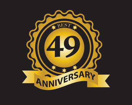 49th Anniversary Golden Badge. Best Anniversary Seal with Ribbon. Vector Illustration on Black Background