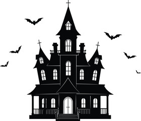 Spooky haunted house vector illustration with bats flying around, eerie porch, tall towers, and creepy windows for Halloween design.
