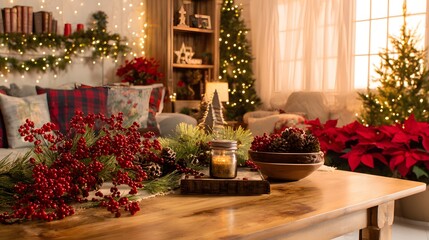 A festive Christmas background features a cozy living room with glowing lights, red berries, holiday decor, and a beautifully decorated tree.