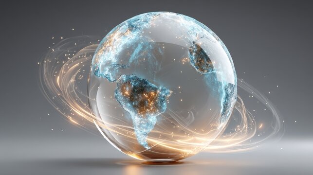 A glowing digital globe highlighting continents connected by swirling light trails, symbolizing global communication and data flow.