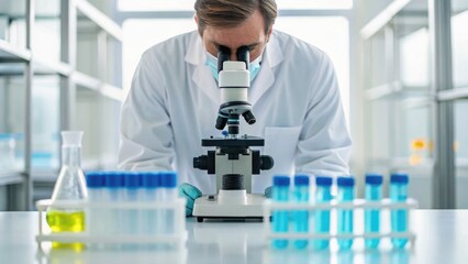 Scientist examining samples under a microscope in a modern laboratory with test tubes and flasks on the table.