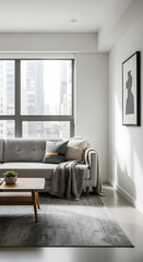 Fototapeta premium Sun-drenched minimalist city apartment interior with a comfortable grey sofa and stylish, modern decor