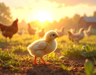 Golden hour chick in a rustic farmyard