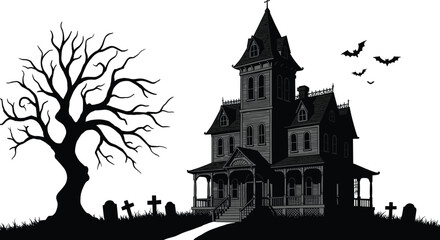Spooky haunted house with bats, creepy tree, and graveyard on Halloween night, perfect vector illustration for horror or seasonal projects.
