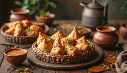 Fototapeta premium Delicious Indian samosas served with hot tea, showcasing culinary tradition.