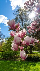 Blossoming magnolia tree in spring sunshine