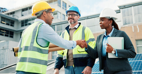 Solar panel, technician or handshake with partnership outdoor for PV installation, welcome or team. Photovoltaic blueprint, people or shaking hands with tech on rooftop for site assessment or project