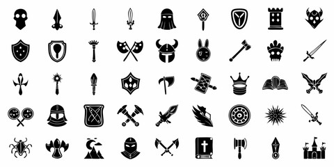 Collection of fantasy game icons featuring weapons armor shields magical items and mythical creatures © Juel