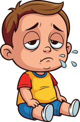 Sad Cartoon Toddler Boy Sitting Down, Drooling, Exhausted Expression