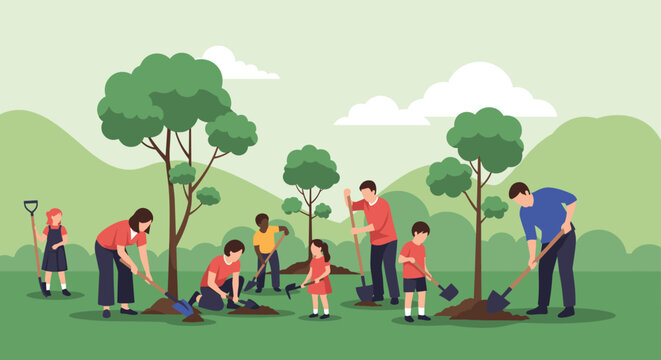 Community members are happily planting trees in a park on a sunny day.