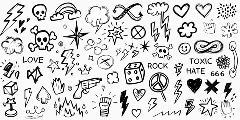 A collection of hand drawn black and white doodle icons representing rebellion love and danger