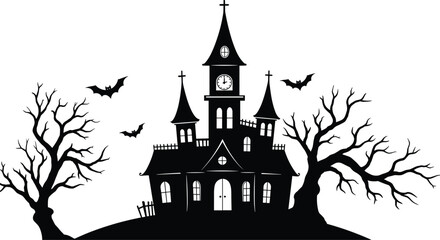 Spooky haunted house with clock tower, bare twisted trees, flying bats, dark silhouette Halloween scene, eerie atmosphere vector illustration.