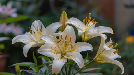 Fototapeta premium Elegant white lilies set against a deep green backdrop creating a striking visual contrast