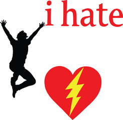 Emotional Contrast Vector — Silhouette of Jumping Figure with Broken Heart and “I Hate” Text in Bold Red and Yellow Design