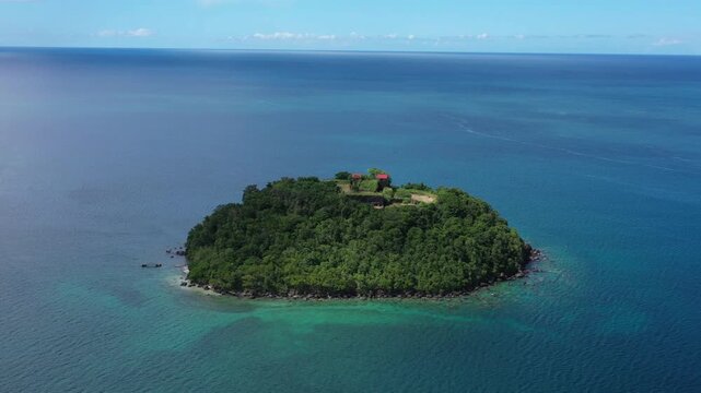Aerial view of lush islet Ramier in Martinique surrounded by turquoise Caribbean waters