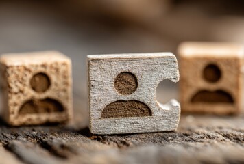 Close-up of light-colored wooden blocks, each with a person icon; one block is slightly out of alignment