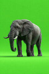 Obraz premium Majestic elephant standing on a vibrant green background, showcasing its grandeur and strength