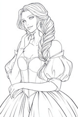 Fototapeta premium Regal Grace: An Elegant Lady in a Historical Gown exhibits poise and grace in a beautifully drawn sketch