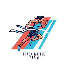 Obraz premium Dynamic female runner illustration in blue athletic gear crossing finish line with flowing ribbon.