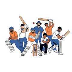 Group of Cricket Players in Action Poses with Bats and Protective Gear.