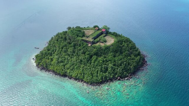 Aerial view of islet Ramiers in Martinique with historic fort surrounded by turquoise Caribbean waters