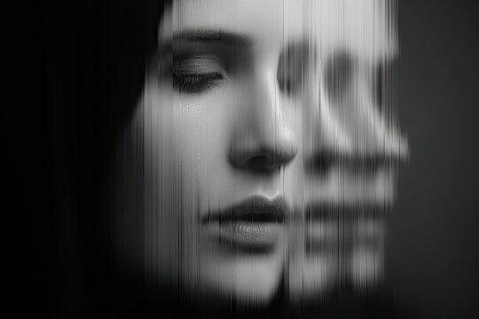 Close-up black and white portrait; multiple faces layered