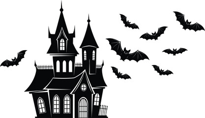 Spooky haunted house with flying bats, gothic castle silhouette, eerie Halloween night scene, dark windows, creepy fence, horror vector art.