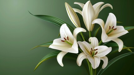 Fototapeta premium Elegant white lilies against a rich dark green backdrop creating a stunning floral contrast