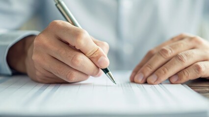 Naklejka premium A person’s hand is shown writing with a pen on a sheet of paper, focusing on the action of note-taking or document preparation.