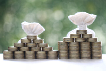 Coins money and money bag on natural green background,Business investment and Save money for prepare in future concept