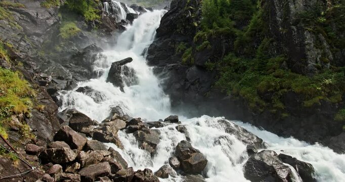 Norway Mountain Waterfall Cascade in Lush Forest - Powerful Rapids and Mist