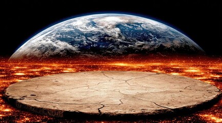 Earth above a cracked, fiery landscape