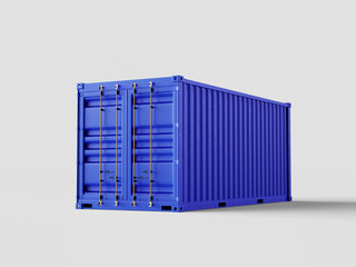 A blue shipping container stands against a plain background. It features metal doors and a rectangular shape, commonly used for storage and transport.