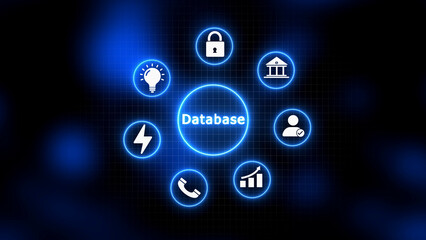 Database concept with icons and glowing blue neon circles on a dark grid background Keywords: Database, data, information, storage, management, technology, concept, icons, business, system