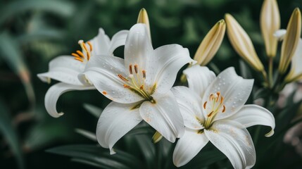 Fototapeta premium Elegant white lilies against a rich dark green backdrop creating a stunning visual contrast