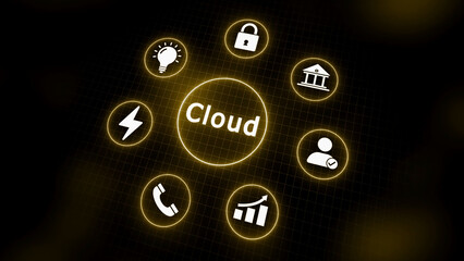 Cloud computing concept with icons and glowing yellow neon circles on a dark grid background Keywords: Cloud, cloud computing, technology, concept, icons, data, storage, network, internet, digital