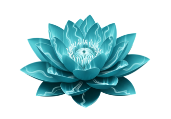 A vibrant, teal-colored lotus flower with glowing veins stands out against a stark black backdrop, showcasing intricate detail and a serene aesthetic.