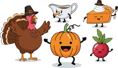 Cute thanksgiving characters turkey pie pumpkin gravy boat and beet with happy faces