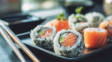 Elegant photo of generative AI illustration of closeup of delicious fresh sushi rolls with salmon and avocado and rice placed on tray near chopsticks against blurred background.