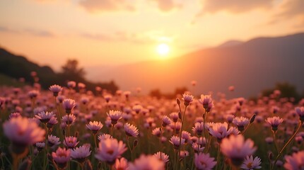 A peaceful and serene sunrise over a field of flowers, with misty mountains in the background