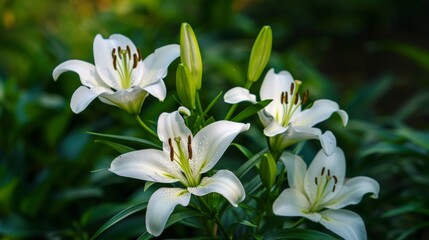 Elegant white lilies blooming against a rich dark green backdrop for a stunning visual contrast