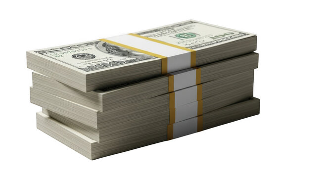A tall stack of crisp us one hundred dollar bills bound with paper bands isolated on transparent background