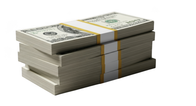 A tall stack of crisp us one hundred dollar bills bound with paper bands isolated on transparent background - Powered by Adobe