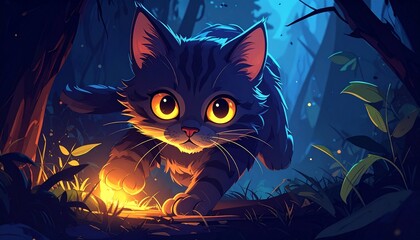 Cartoon cat, big eyes, stalks through a dark forest with glowing light below, foliage, blue undertones