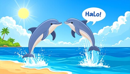 Cartoon dolphins jump from ocean waves under sunny skies near a sandy beach with palm trees