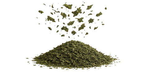 Pile of dried green tea leaves on a white background